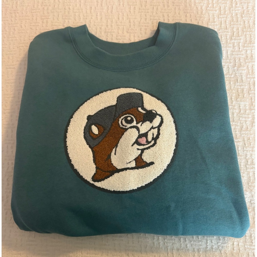 Buc-ees Beaver Mascot Chenille Patch Crewneck Sweatshirt Teal Blue Womens Medium